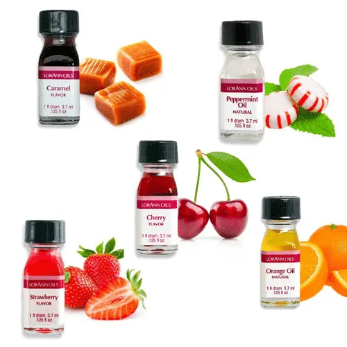 5 populære aromaer - jordbær, appelsin, kirsebær, pebermynte og karamel
