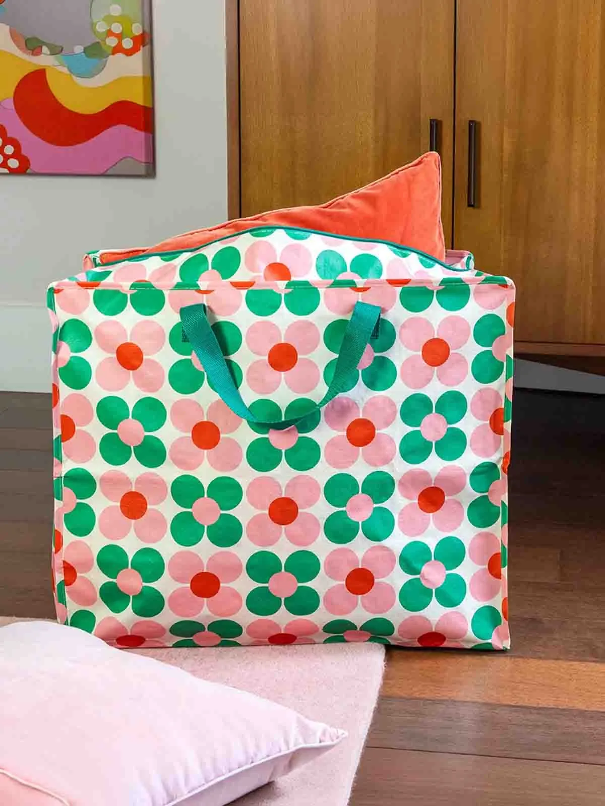 Jumbo opbevaringspose 78 liter - Blomster Lyserød og grøn