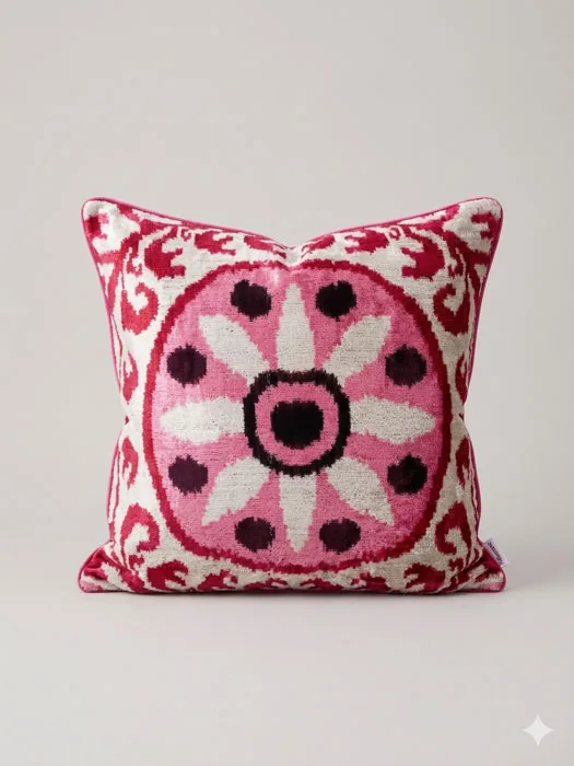 Pudebetræk i IKAT silkevelour 50x50 - Pink Star