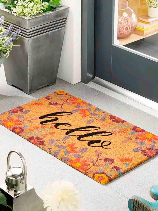 Dørmåtte 45x75 cm - "Hello" med blomsterkant