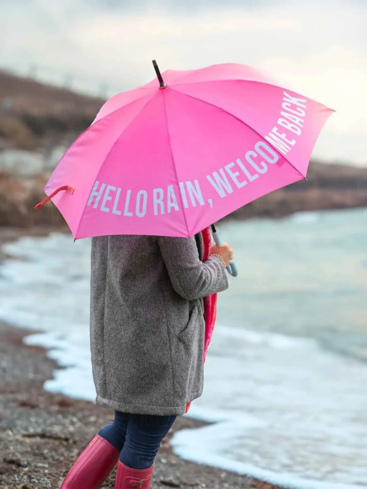 Paraply - "Hello rain - welcome back" i pink