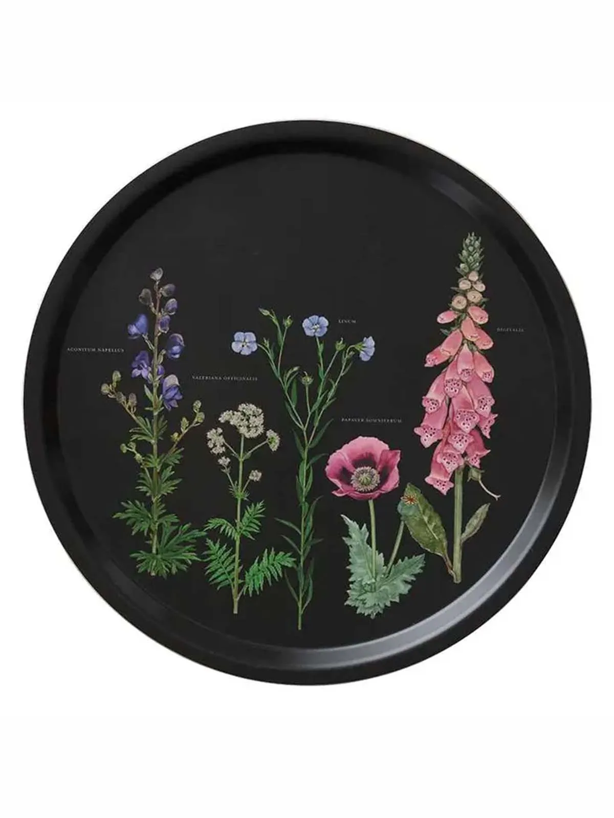 Rund bakke i birketræ 38 cm - Sort med blomster