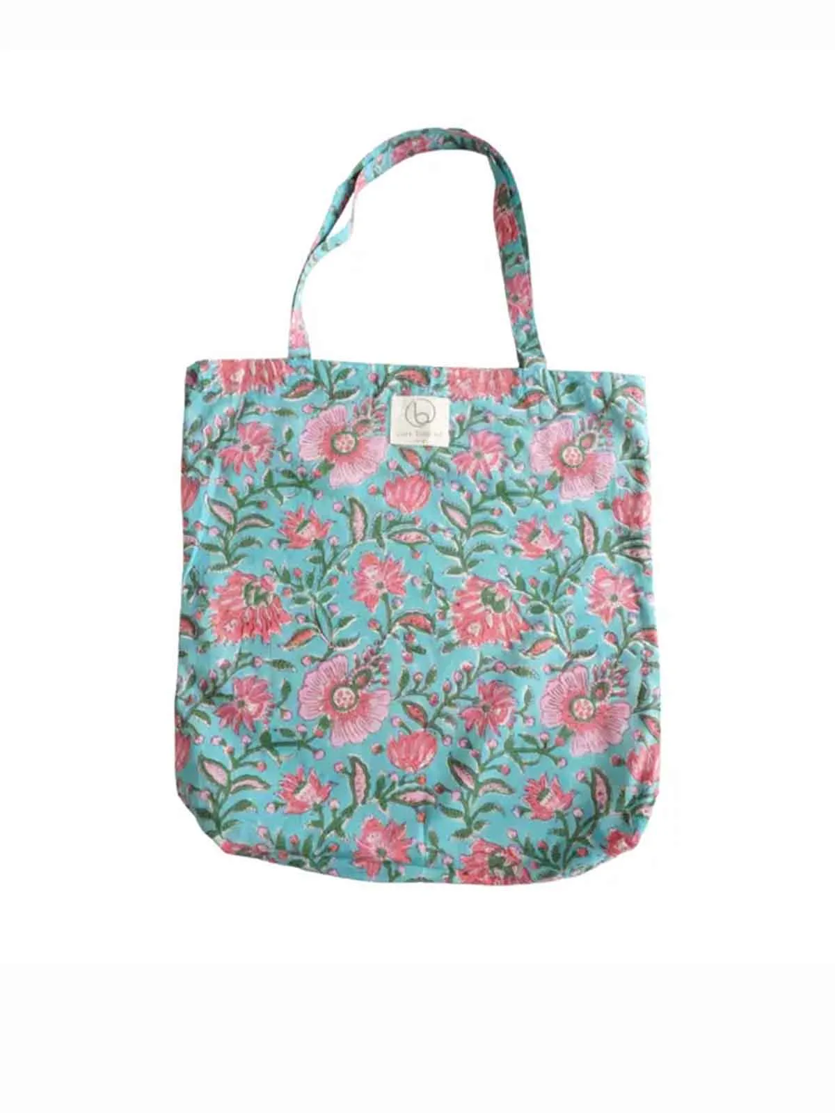 Mulepose i bomuld (40 x 45 cm) - Mint med pink blomster