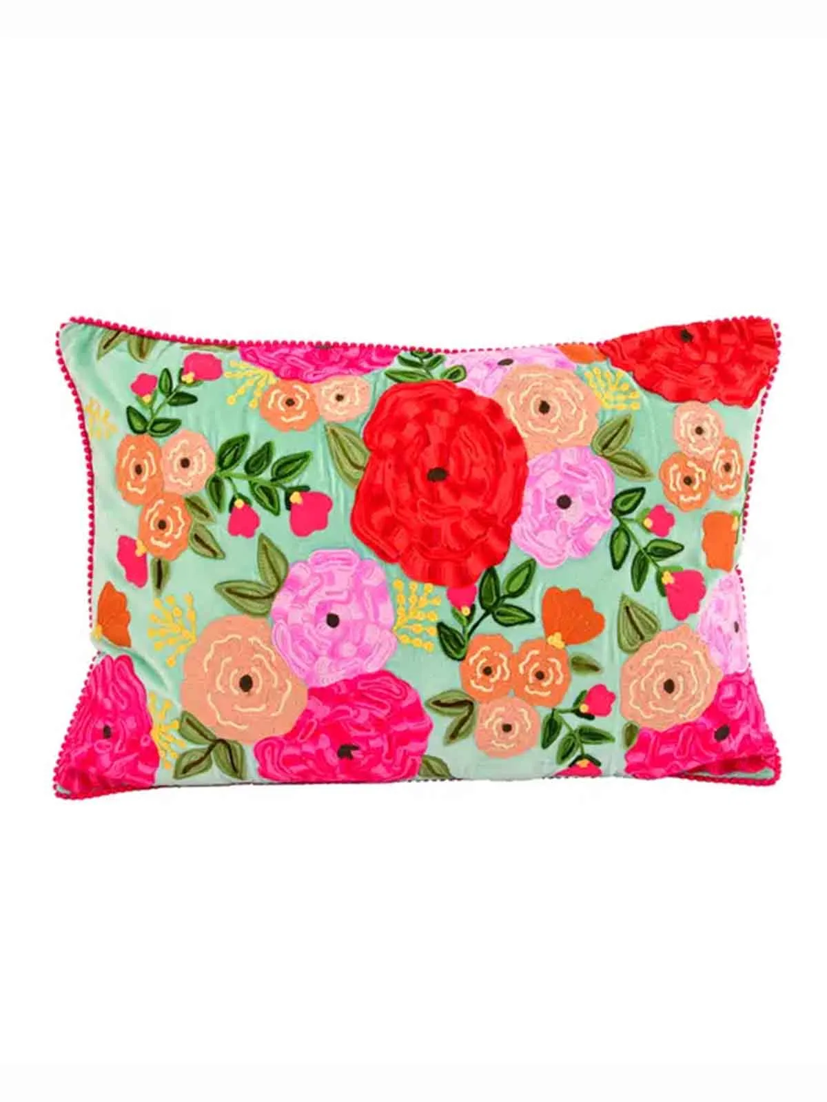 Pude 40x60 cm - Mint med røde og pink blomster