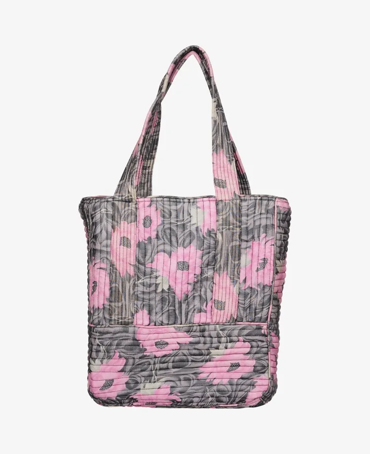 Totebag i silke - "Sophia" grå med pink blomster