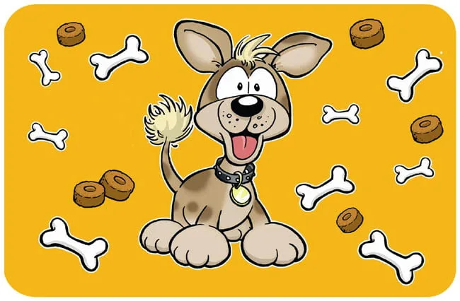 Underlag til foderskåle - Glad hund med gul baggrund