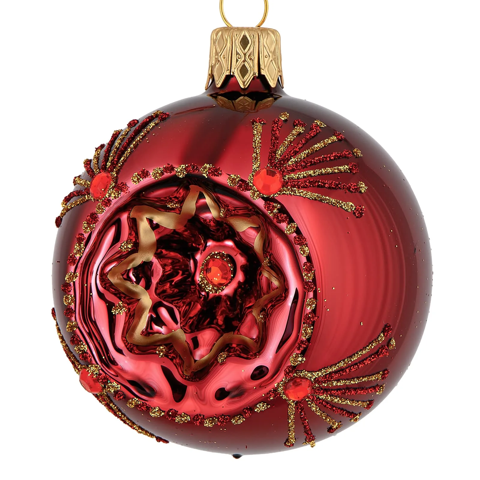 Vinrød reflektor julekugle med glassten 6 cm
