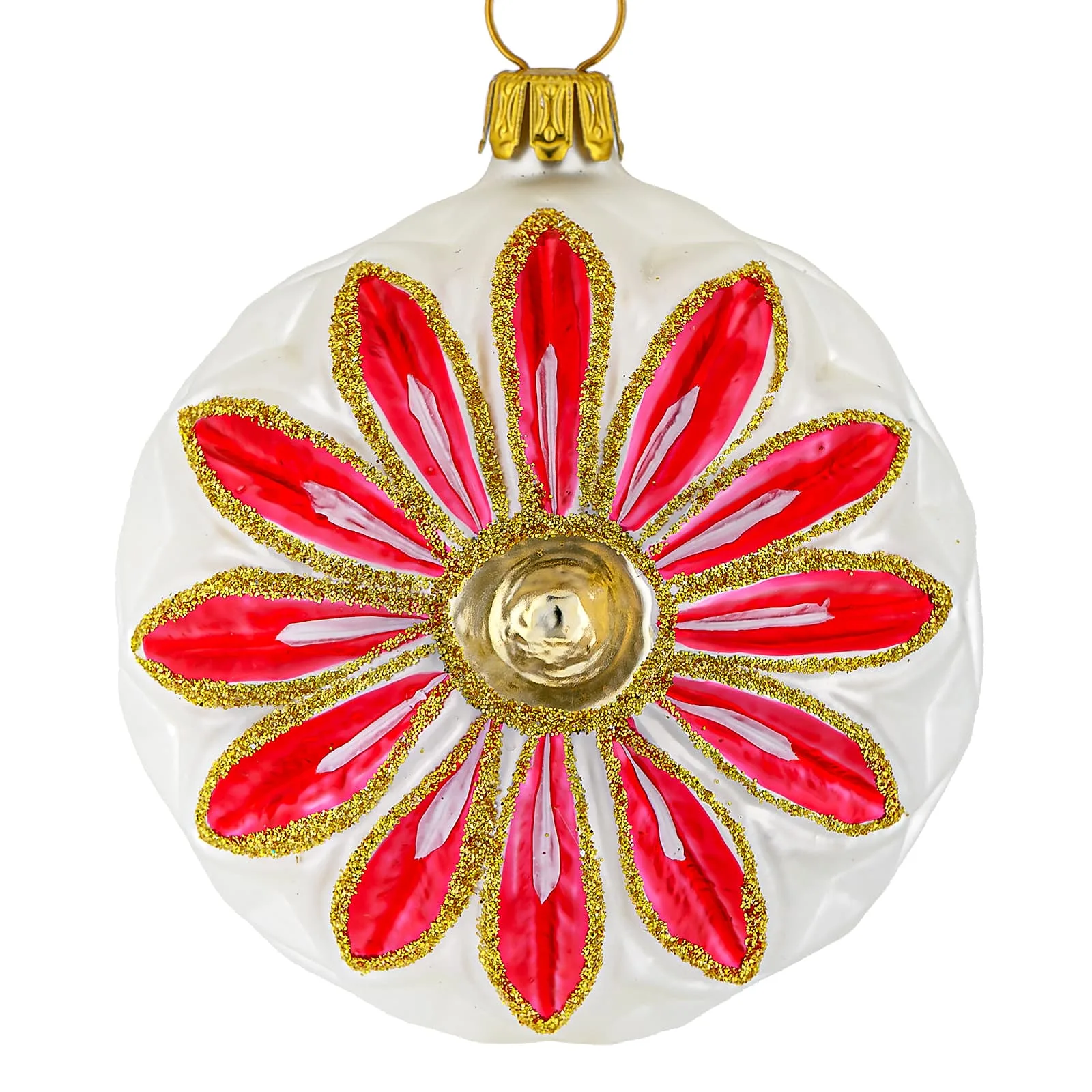 Julekugle med røde relief blomster 6,5 cm